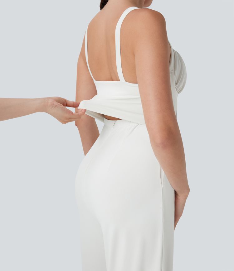 Square Neck Drawstring Jumpsuit with Pockets-Easy Peezy Edition