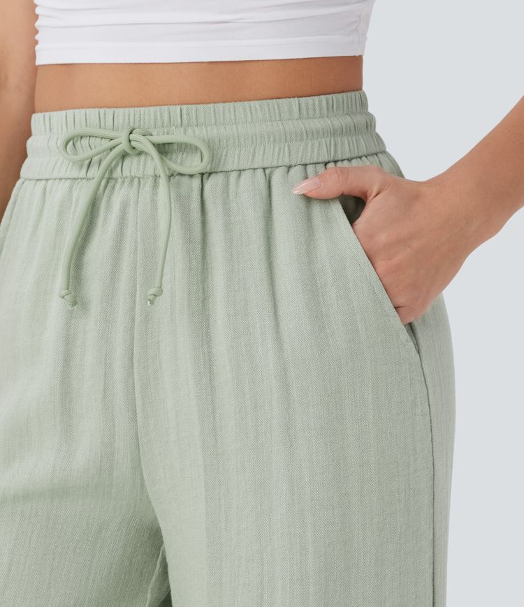High Waisted Drawstring Side Pocket Wide Leg Casual Pants