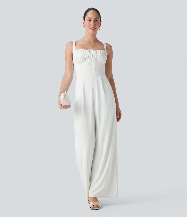Square Neck Drawstring Jumpsuit with Pockets-Easy Peezy Edition