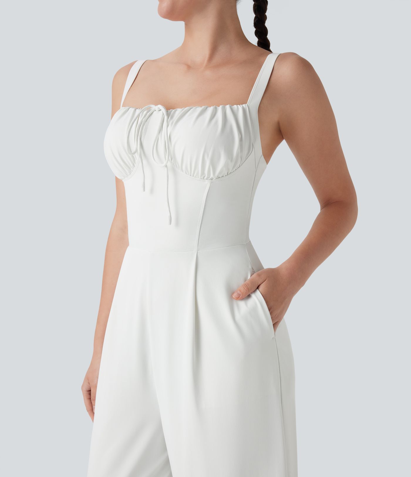 Mono de dama de honor e invitada de boda con cuello cuadrado, cordón ajustable y espalda descubierta con bolsillos laterales - Edición Easy Peezy
