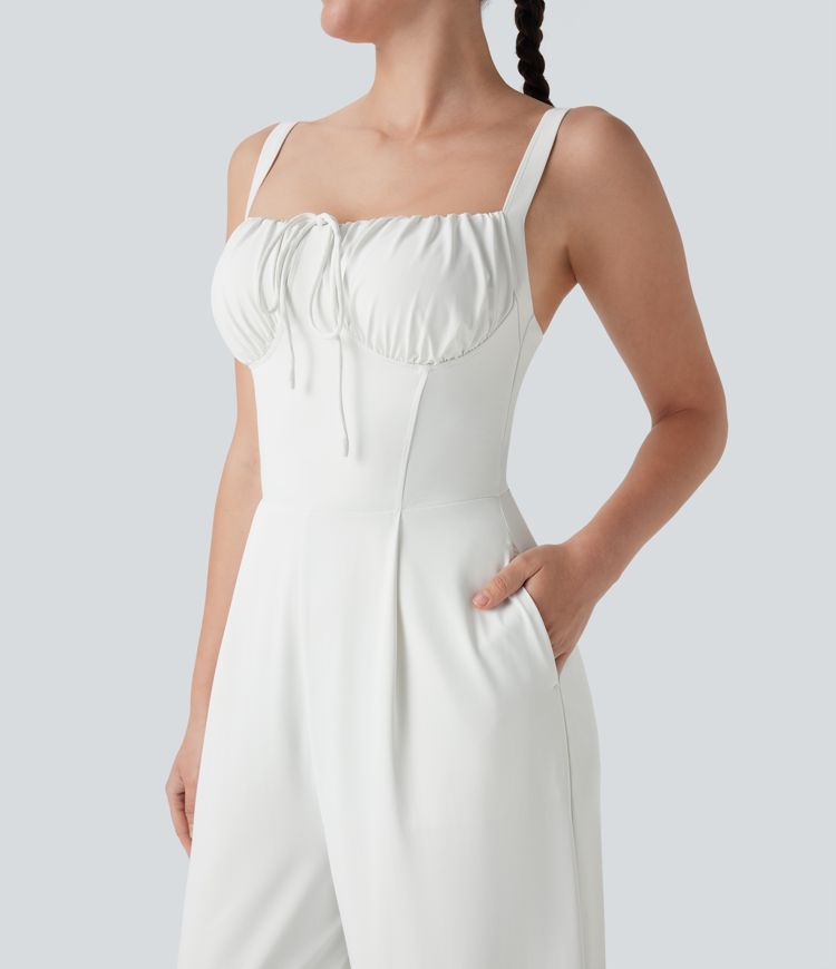 Square Neck Drawstring Jumpsuit with Pockets-Easy Peezy Edition