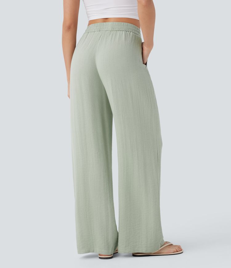 High Waisted Drawstring Side Pocket Wide Leg Casual Linen-Feel Pants