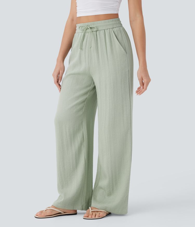High Waisted Drawstring Side Pocket Wide Leg Casual Linen-Feel Pants