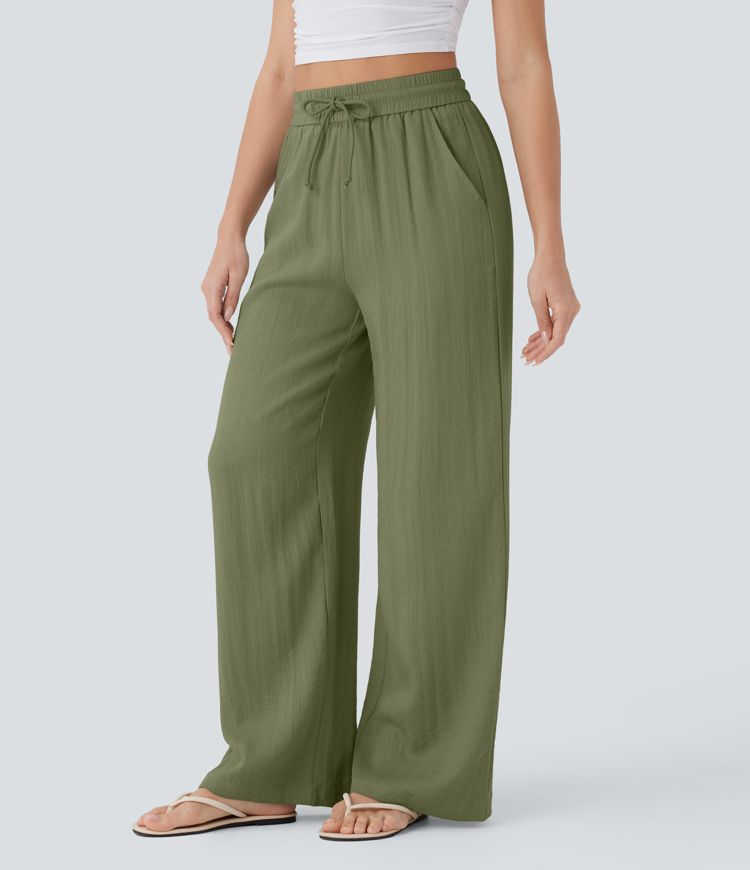 High Waisted Drawstring Side Pocket Wide Leg Casual Linen-Feel Pants