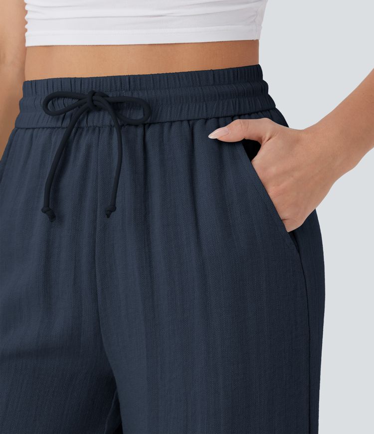 High Waisted Drawstring Side Pocket Wide Leg Casual Linen-Feel Trousers