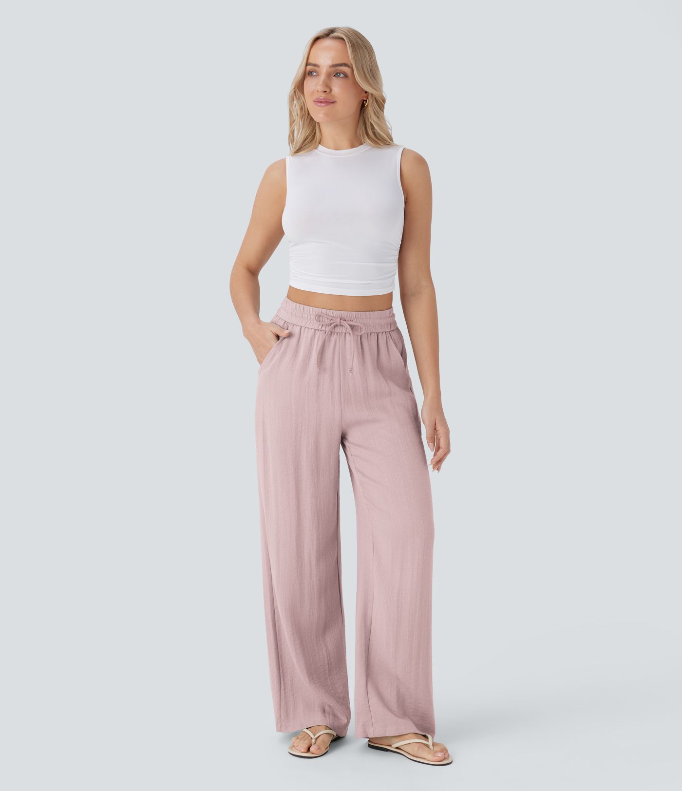 High Waisted Drawstring Pocket Wide Leg Casual Linen-Feel Trousers