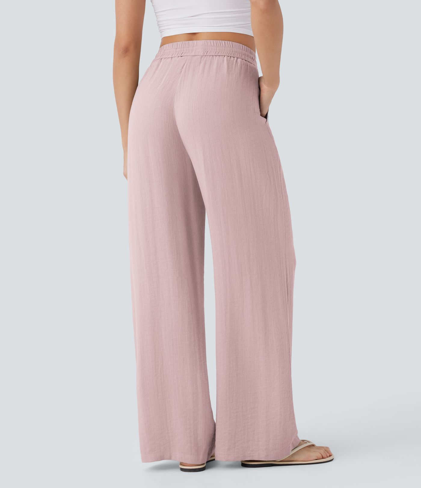 High Waisted Drawstring Pocket Wide Leg Casual Linen-Feel Trousers