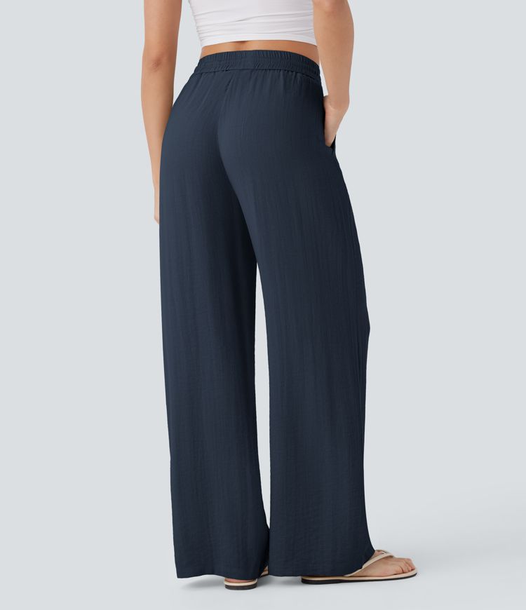 High Waisted Drawstring Side Pocket Wide Leg Casual Pants