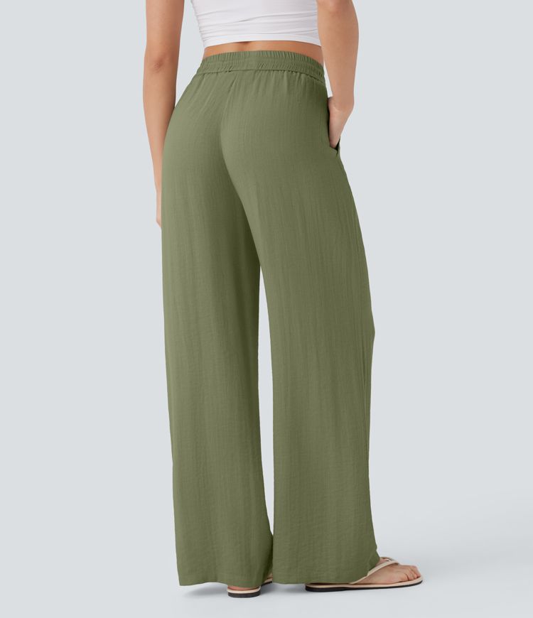 High Waisted Drawstring Side Pocket Wide Leg Casual Linen-Feel Pants