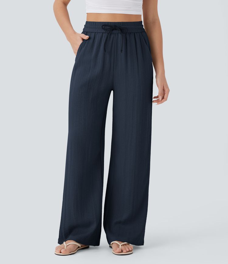 High Waisted Drawstring Side Pocket Wide Leg Casual Linen-Feel Pants
