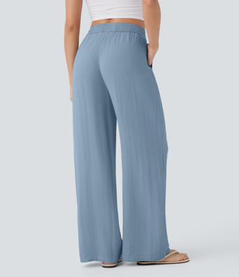 High Waisted Drawstring Pocket Wide Leg Casual Linen-Feel Pants