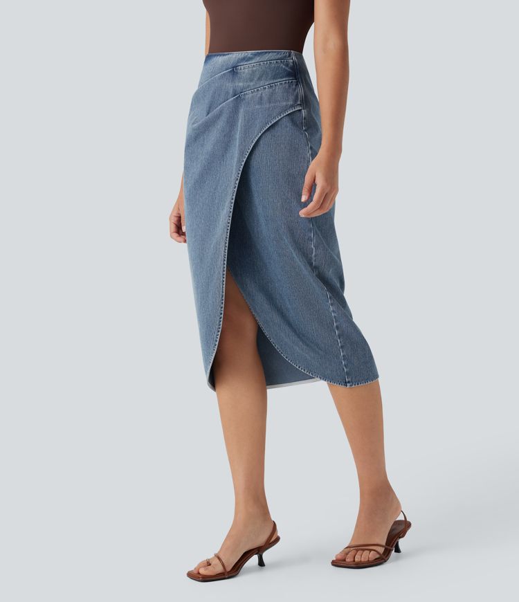 Halara Flex™ High Waisted Back Zipper Ruched Tulip Hem Midi Washed Stretchy Knit Denim Casual Skirt