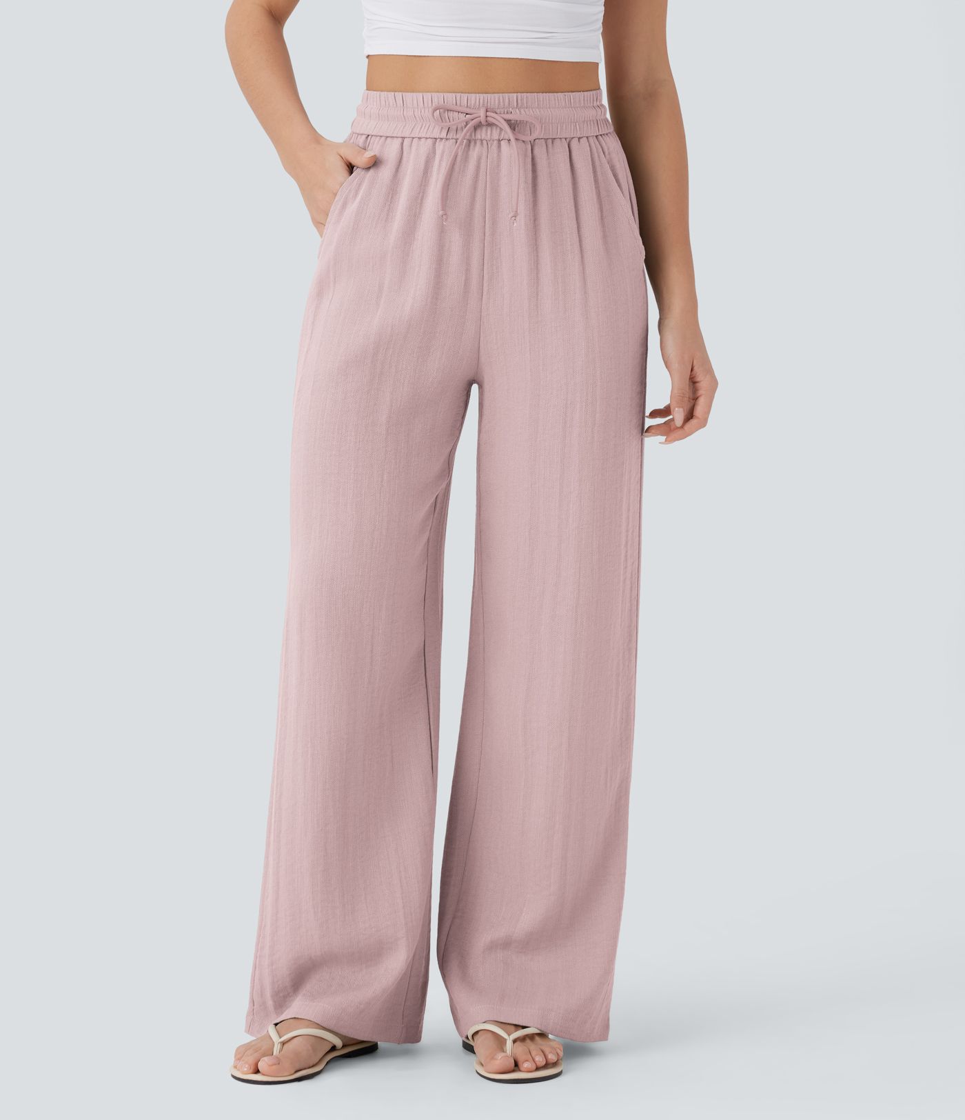 High Waisted Drawstring Pocket Wide Leg Casual Linen-Feel Trousers