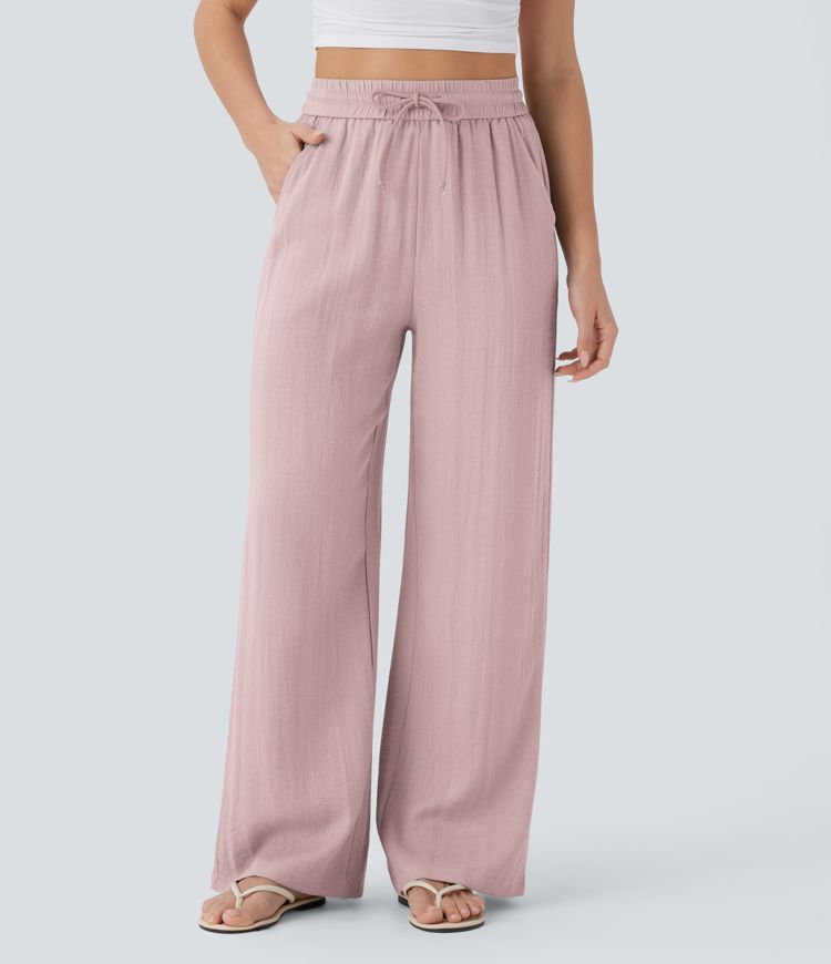 High Waisted Drawstring Side Pocket Wide Leg Casual Linen-Feel Pants
