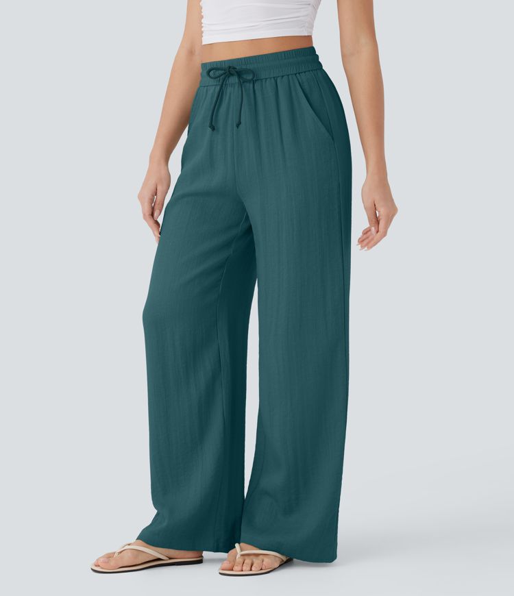 High Waisted Drawstring Side Pocket Wide Leg Casual Pants