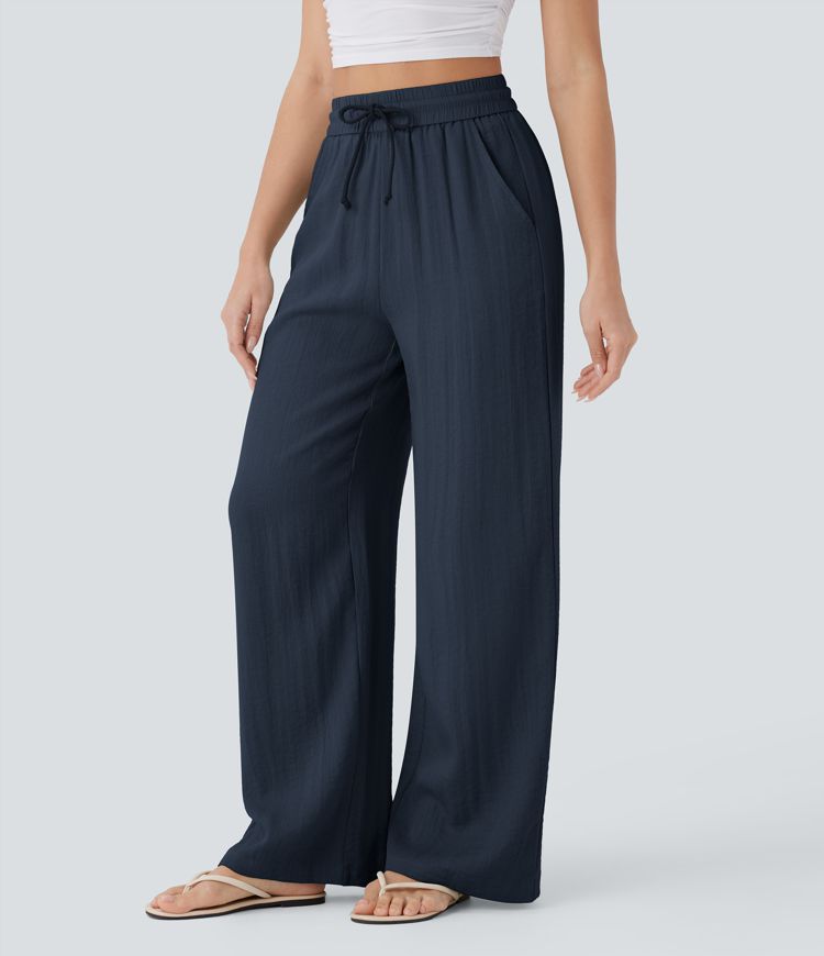 High Waisted Drawstring Side Pocket Wide Leg Casual Pants