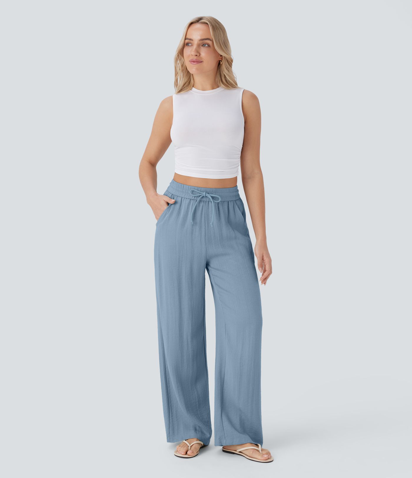 High Waisted Drawstring Pocket Wide Leg Casual Linen-Feel Pants