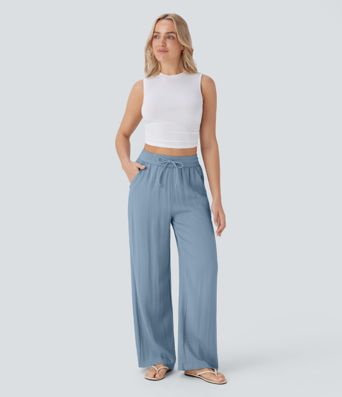 High Waisted Drawstring Pocket Wide Leg Casual Linen-Feel Pants