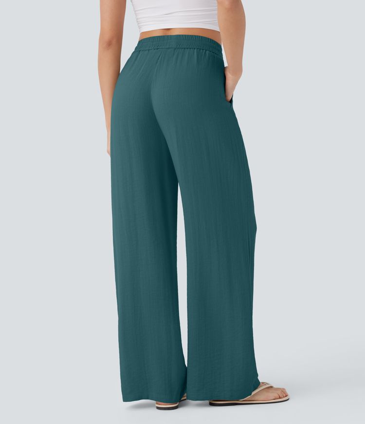 High Waisted Drawstring Side Pocket Wide Leg Casual Pants