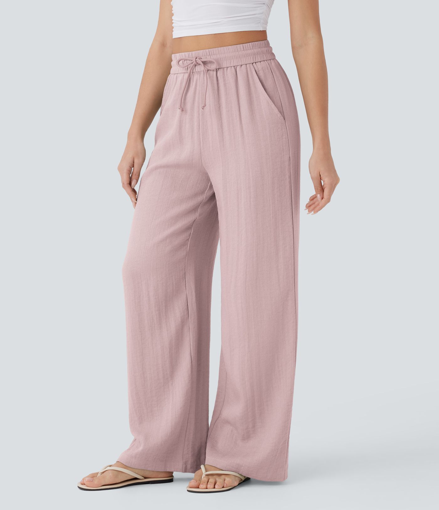 High Waisted Drawstring Pocket Wide Leg Casual Linen-Feel Trousers
