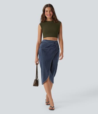 Halara Flex™ Jupe en Jean midi délavé taille haute avec zip dos, effet drapé et ourlet tulipe