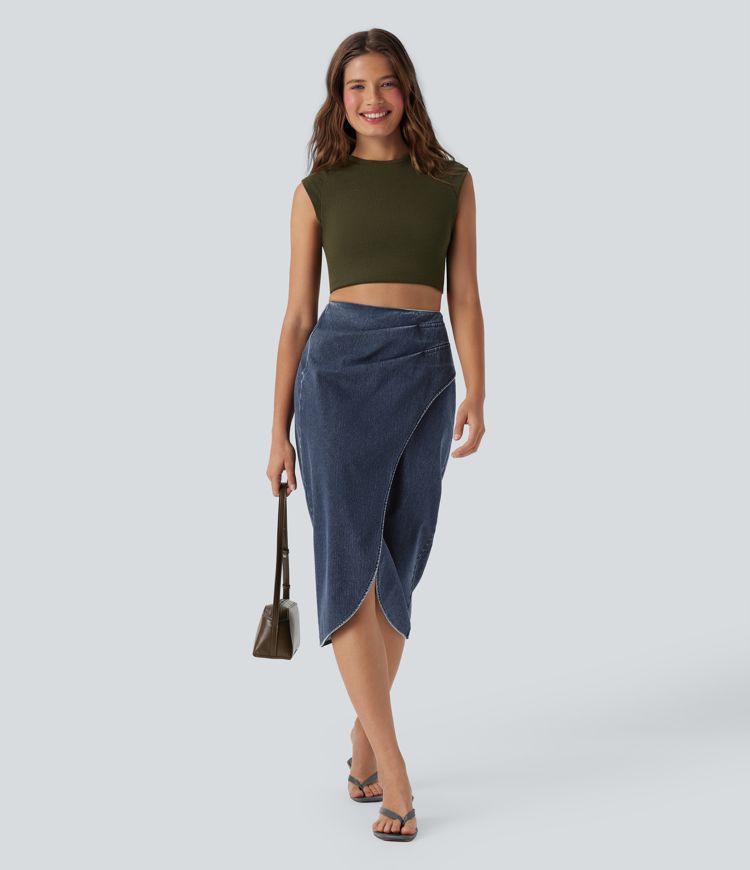 Halara Flex™ Jupe en Jean midi délavé taille haute avec zip dos, effet drapé et ourlet tulipe