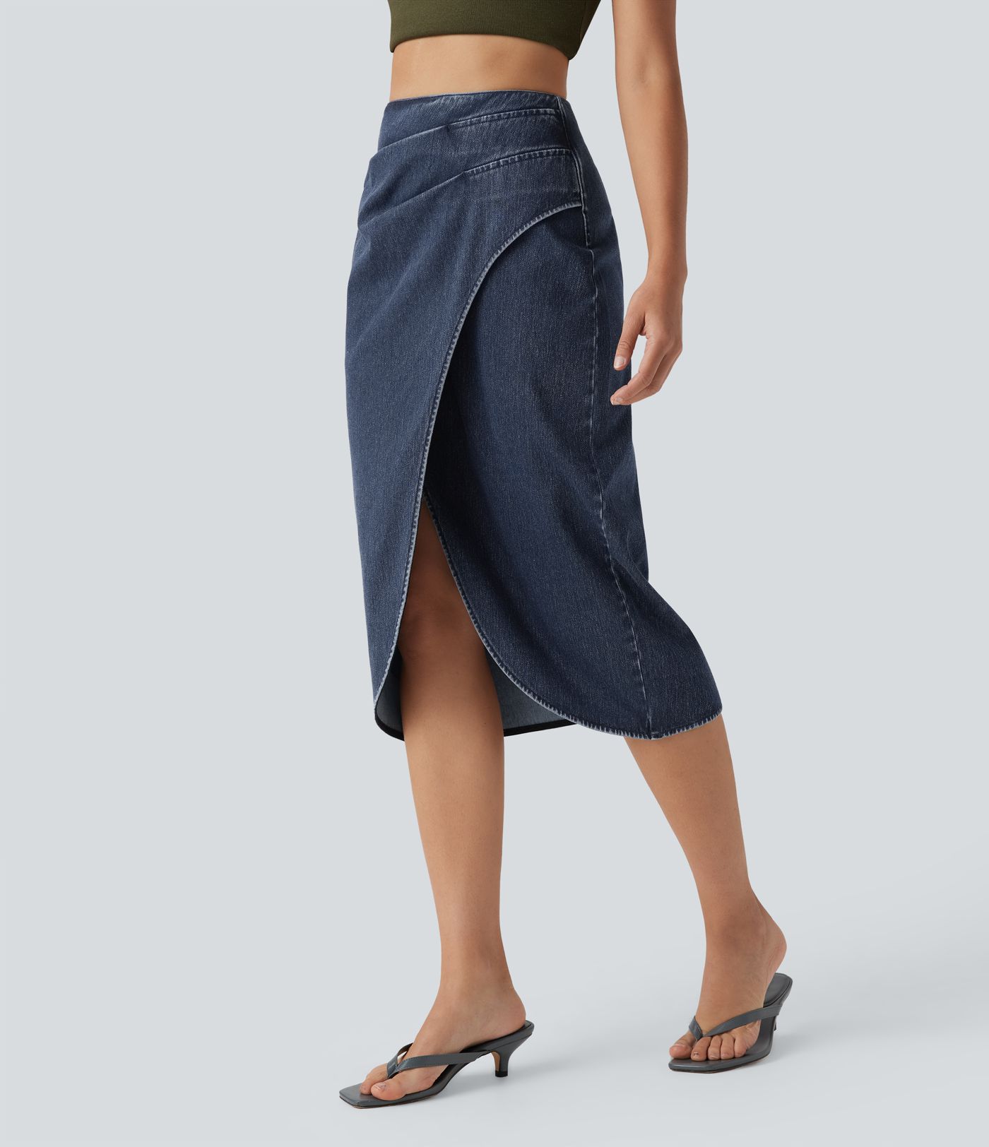 Halara Flex™ Jupe en Jean midi délavé taille haute avec zip dos, effet drapé et ourlet tulipe