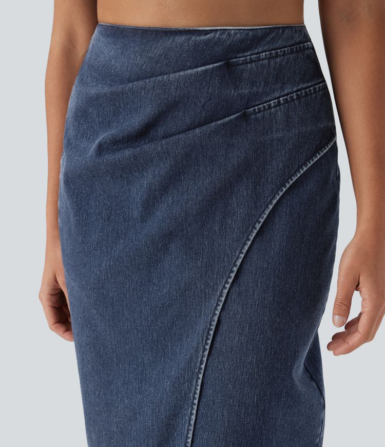 Halara Flex™ Jupe en Jean midi délavé taille haute avec zip dos, effet drapé et ourlet tulipe
