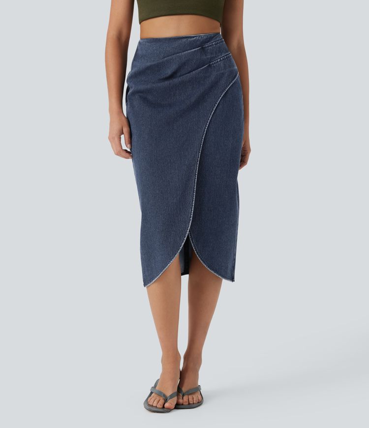 Halara Flex™ High Waisted Back Zipper Ruched Tulip Hem Midi Washed Stretchy Knit Denim Casual Skirt