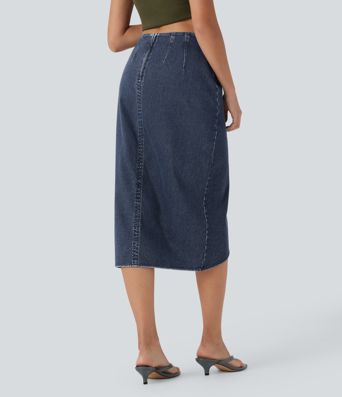 Halara Flex™ Jupe en Jean midi délavé taille haute avec zip dos, effet drapé et ourlet tulipe