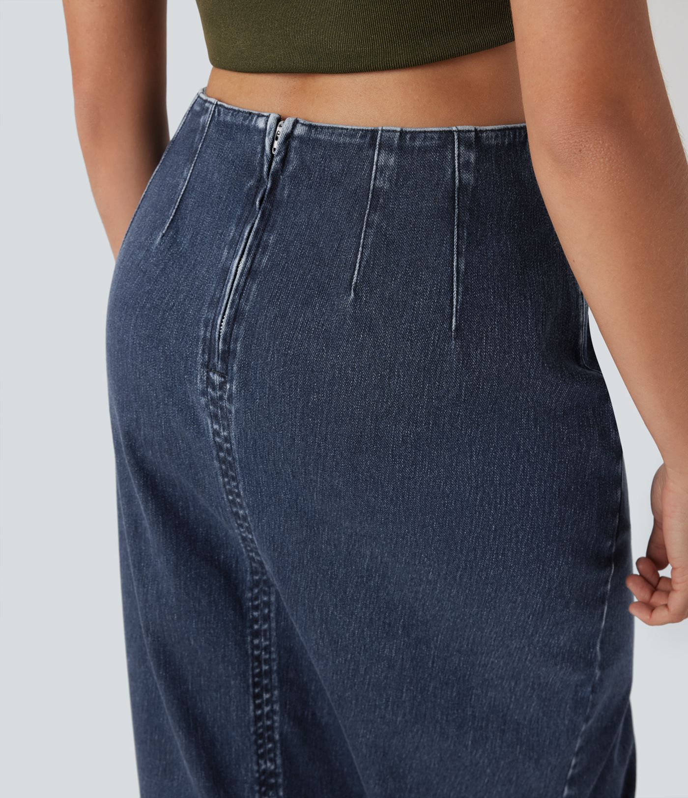 Halara Flex™ Jupe en Jean midi délavé taille haute avec zip dos, effet drapé et ourlet tulipe