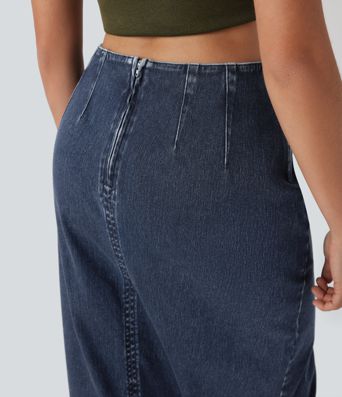 Halara Flex™ Jupe en Jean midi délavé taille haute avec zip dos, effet drapé et ourlet tulipe