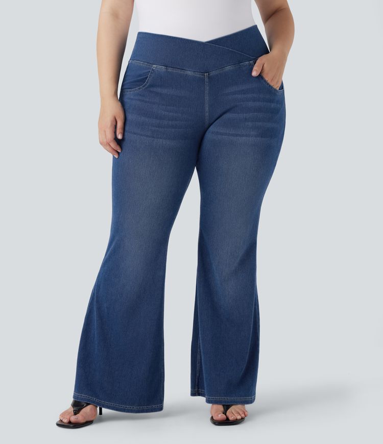Plus Size Halara Flex™ High Waisted Crossover Washed Stretchy Knit Casual Flare Jeans with Multiple Pockets
