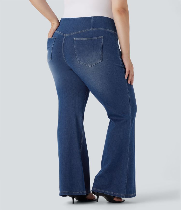 Plus Size Halara Flex™ High Waisted Crossover Washed Casual Flare Jeans with Pockets