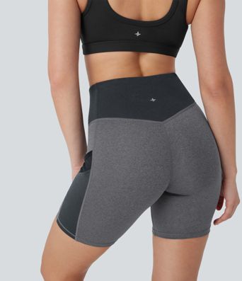 Yoga-Shorts mit hohem Bund, Seitentaschen, kontrastierendem Netzstoff und Farbblock - schnelltrocknend, 17,78 cm