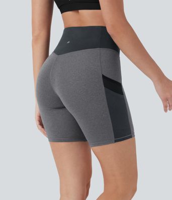 Yoga-Shorts mit hohem Bund, Seitentaschen, kontrastierendem Netzstoff und Farbblock - schnelltrocknend, 17,78 cm