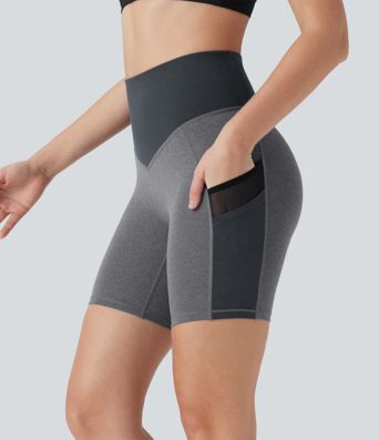 Yoga-Shorts mit hohem Bund, Seitentaschen, kontrastierendem Netzstoff und Farbblock - schnelltrocknend, 17,78 cm