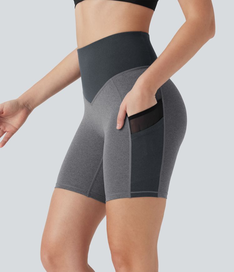 Yoga-Shorts mit hohem Bund, Seitentaschen, kontrastierendem Netzstoff und Farbblock - schnelltrocknend, 17,78 cm