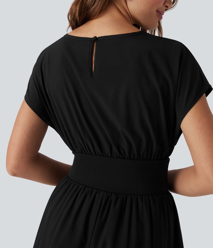 Breezeful™ Batwing Short Sleeve Flowy Quick Dry Mini Work Dress with Pockets