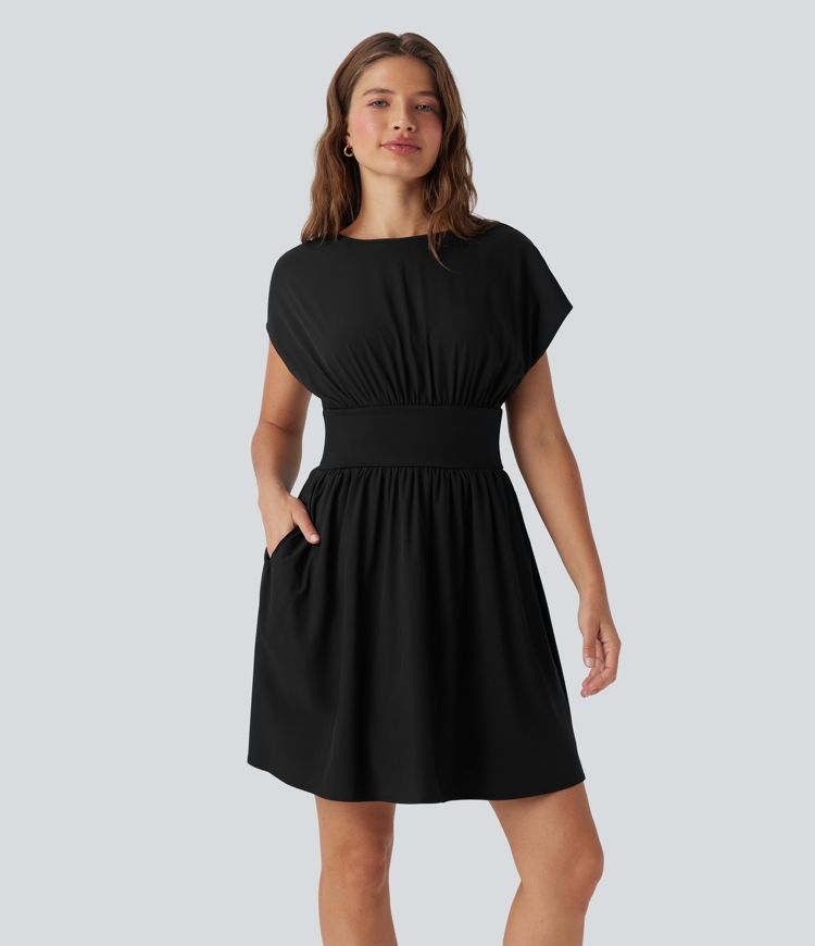 Breezeful™ Batwing Short Sleeve Flowy Quick Dry Mini Work Dress with Pockets