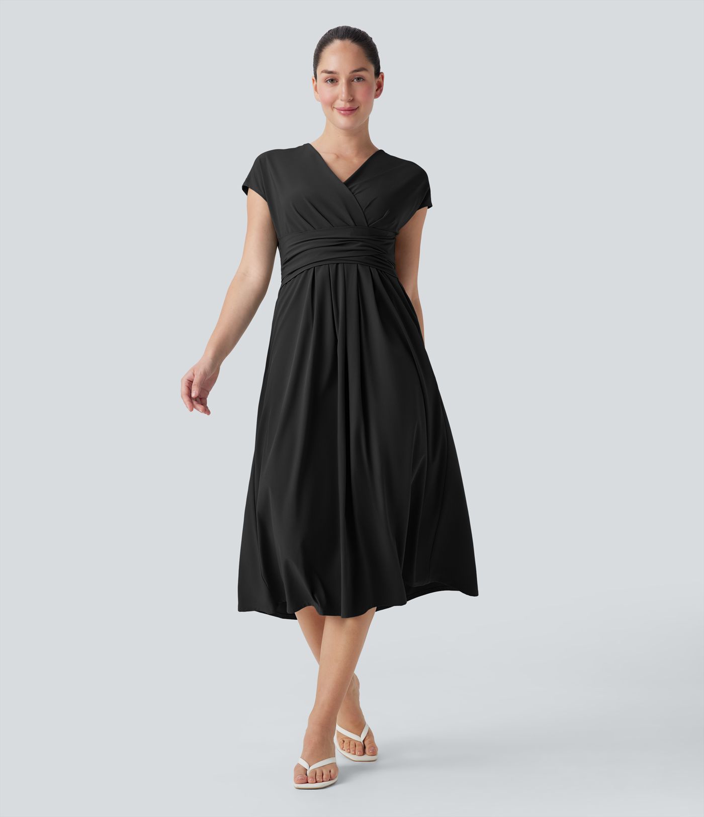 Breezeful™ V Neck Short Sleeve Pocket Tie Back Quick Dry Midi Casual Dress