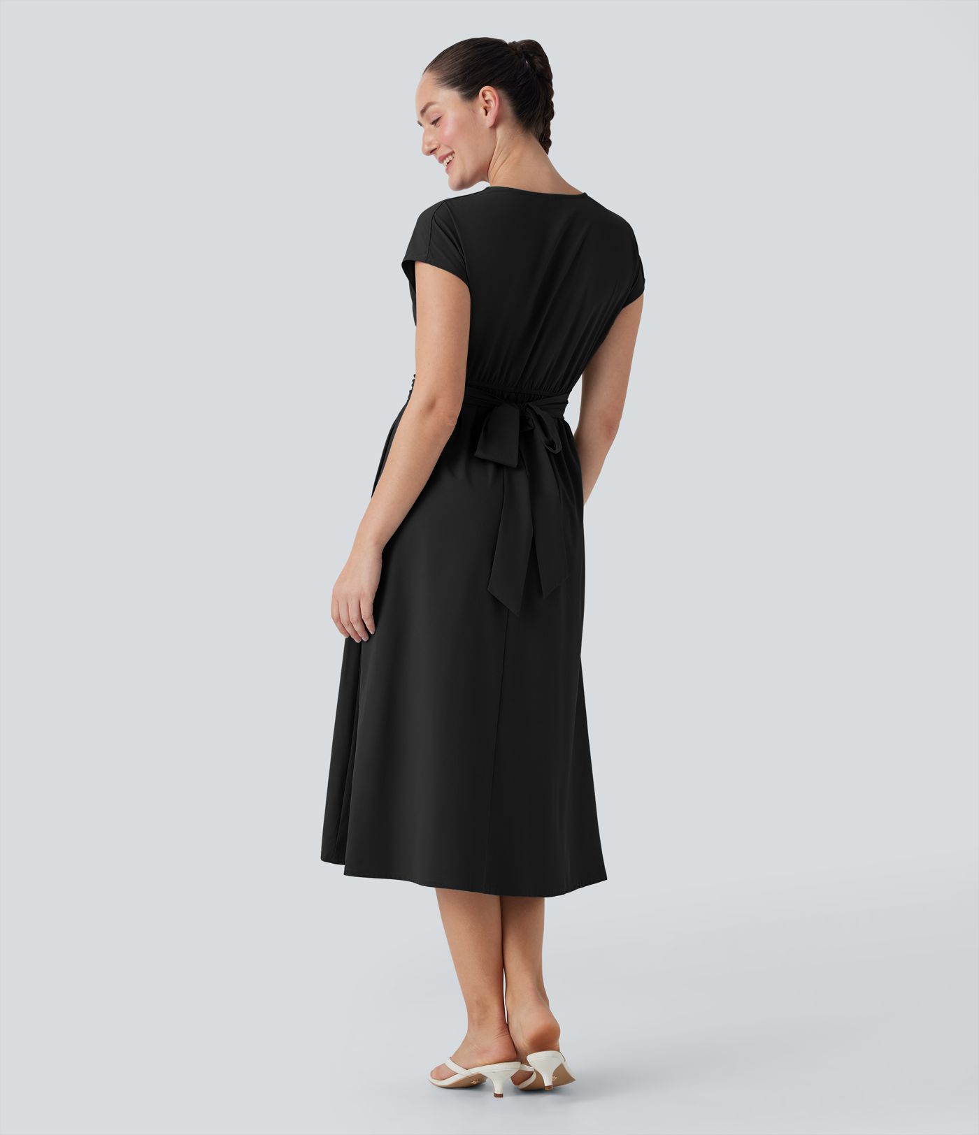 Breezeful™ V Neck Short Sleeve Pocket Tie Back Quick Dry Midi Casual Dress