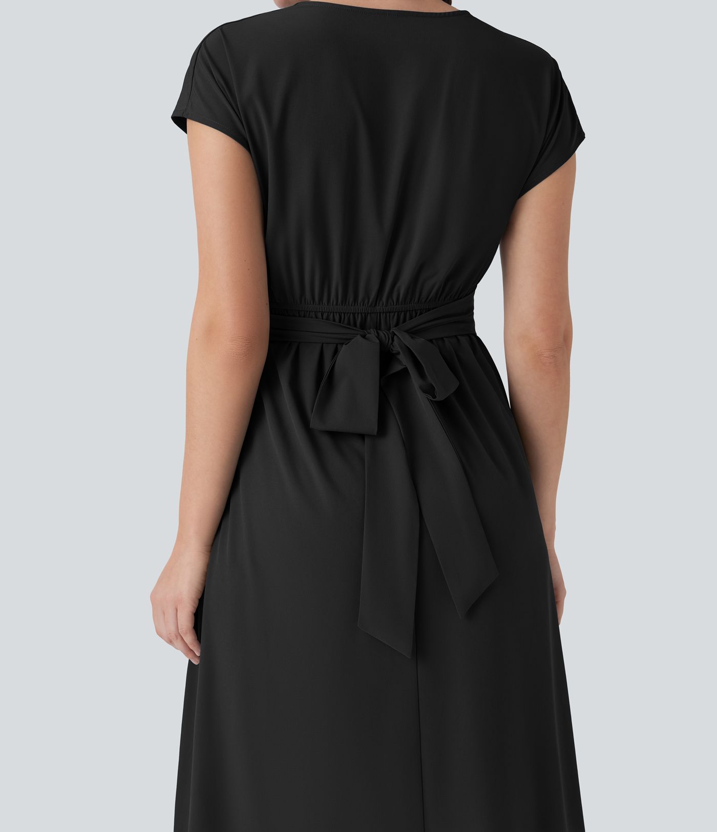 Breezeful™ V Neck Short Sleeve Pocket Tie Back Quick Dry Midi Casual Dress