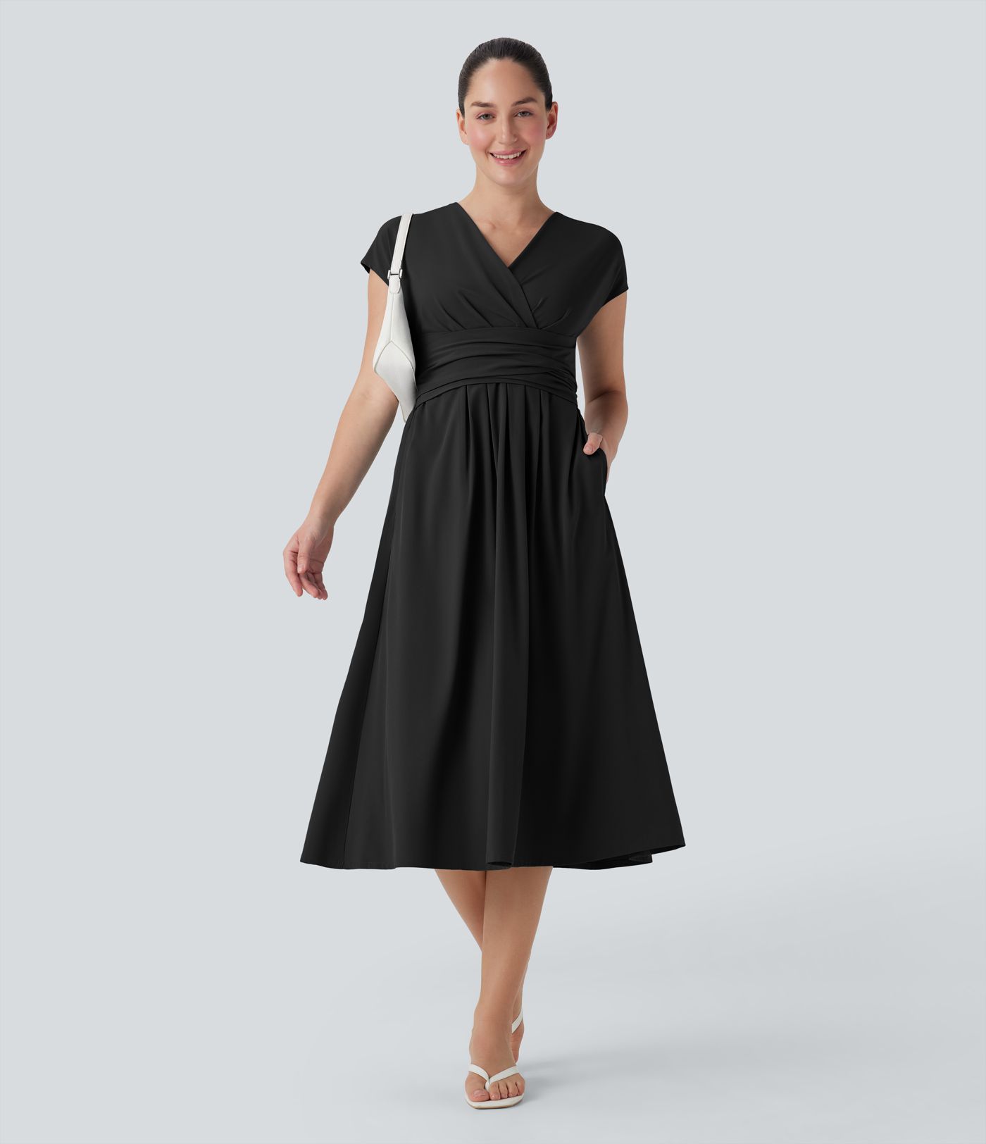 Breezeful™ V Neck Short Sleeve Pocket Tie Back Quick Dry Midi Casual Dress