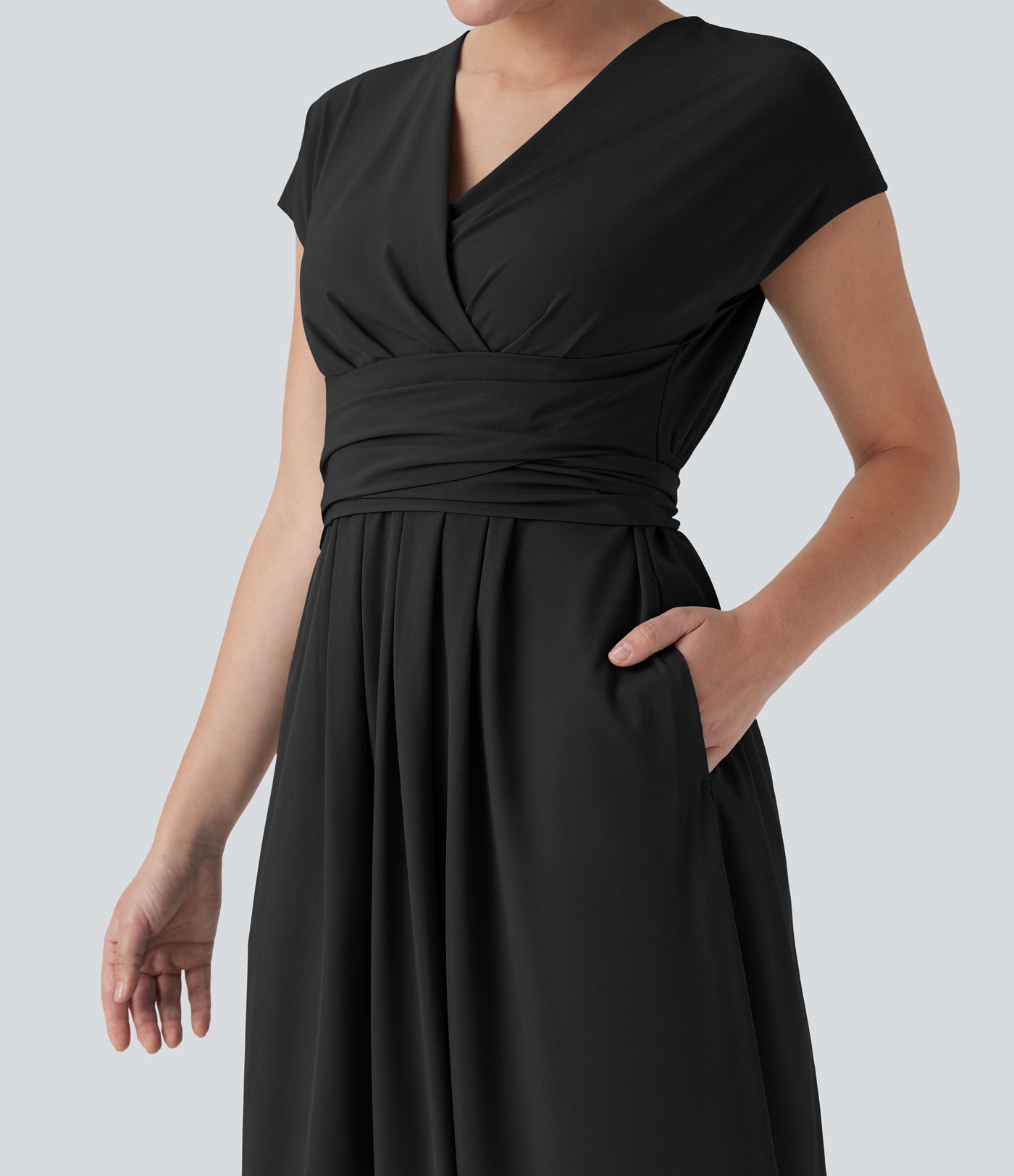 Breezeful™ V Neck Short Sleeve Pocket Tie Back Quick Dry Midi Casual Dress