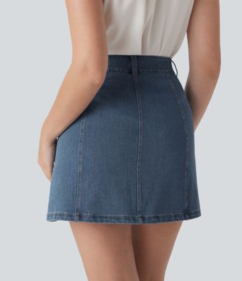 Halara Flex™ Mid Rise A Line Stretchy Knit Denim Mini Casual Skirt with Pockets