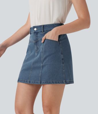 Halara Flex™ Mid Rise A Line Stretchy Knit Denim Mini Casual Skirt with Pockets