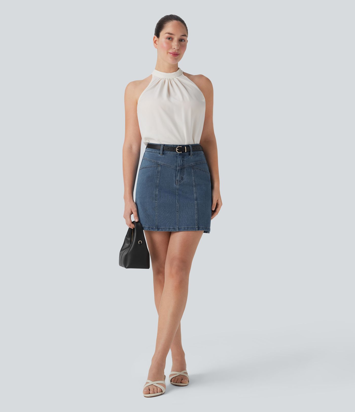 Halara Flex™ Mid Rise A Line Stretchy Knit Denim Mini Casual Skirt with Pockets