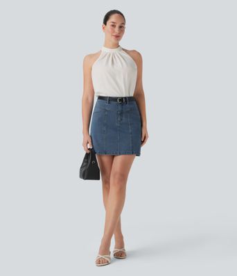 Halara Flex™ Mid Rise A Line Stretchy Knit Denim Mini Casual Skirt with Pockets