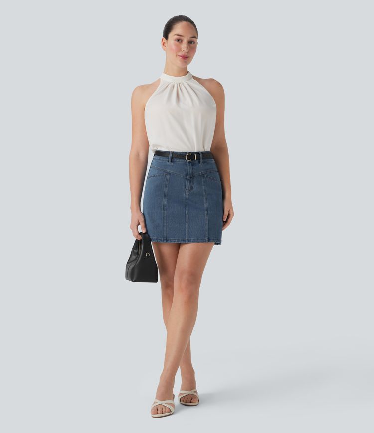 Halara Flex™ Mid Rise A Line Stretchy Knit Denim Mini Casual Skirt with Pockets